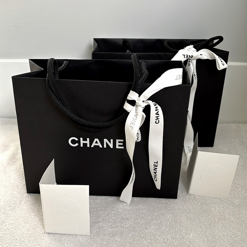 2X Chanel Black Gift Bag with White Ribbon & Card Holder